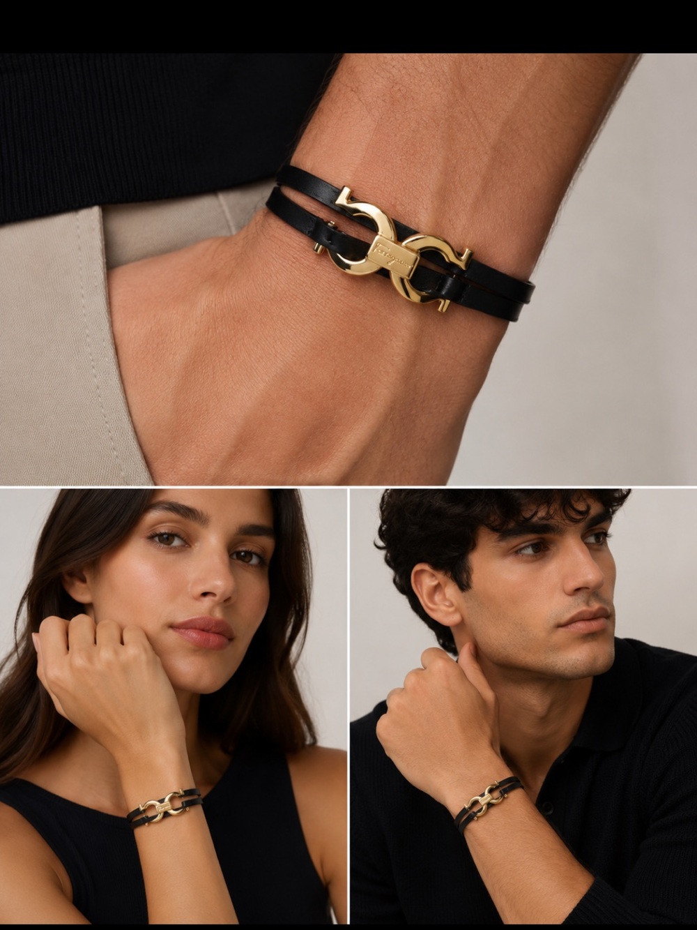 Salvatore Ferragamo UNISEX Double-Strap Bracelet w/ Gold Gancini Like New in Box - Picture 2 of 8